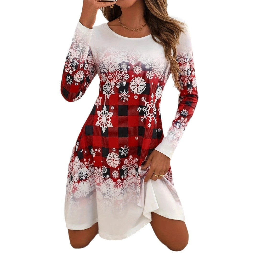 Christmas Snowflake Plaid Mini Women's Clothing Long Sleeve Skirt