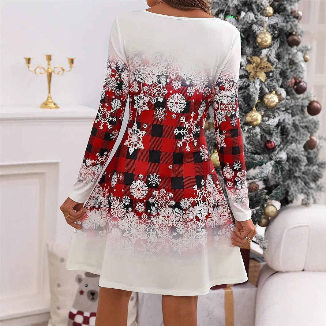 Christmas Snowflake Plaid Mini Women's Clothing Long Sleeve Skirt